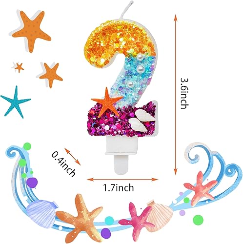 Miniatura 2 de Velas de cumpleaños número 2, velas de cumpleaños azules y moradas 2 para fiestas temáticas de sirena y bajo el mar