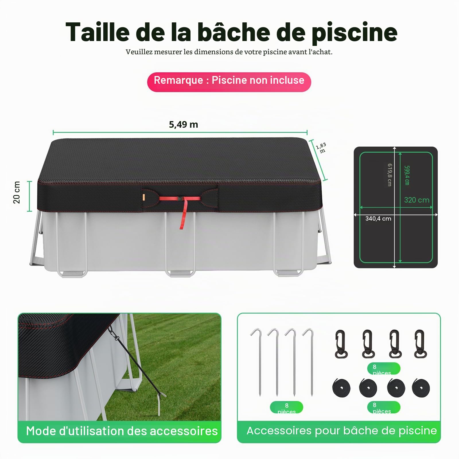 Bâche rectangulaire pour Piscine Hors-Sol, bâche Solaire pour piscines Hors-Sol avec Accessoires, bâche d'hiver idéale pour l'eau et la poussière - 2,7 x 5,5 m