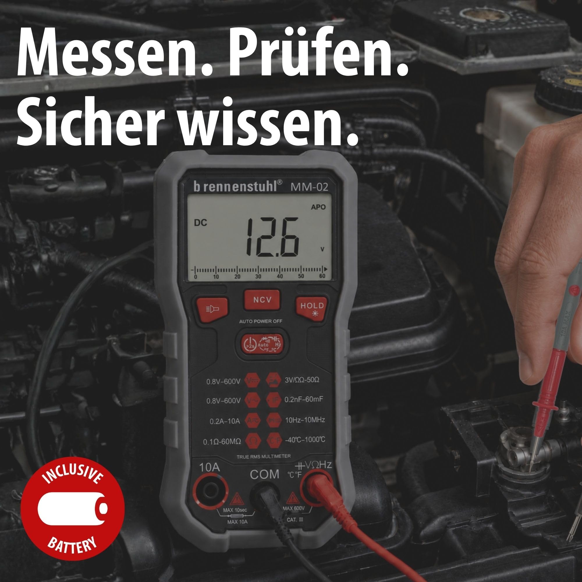 Brennenstuhl Multimeter MM-02 mit automatischer Messbereichsanpassung | AC/DC-Spannung, AC/DC-Strom, Widerstand, Temperatur, Diode, Durchgang, Kapazität, Frequenz und NCV, 6000 Counts, Lampe