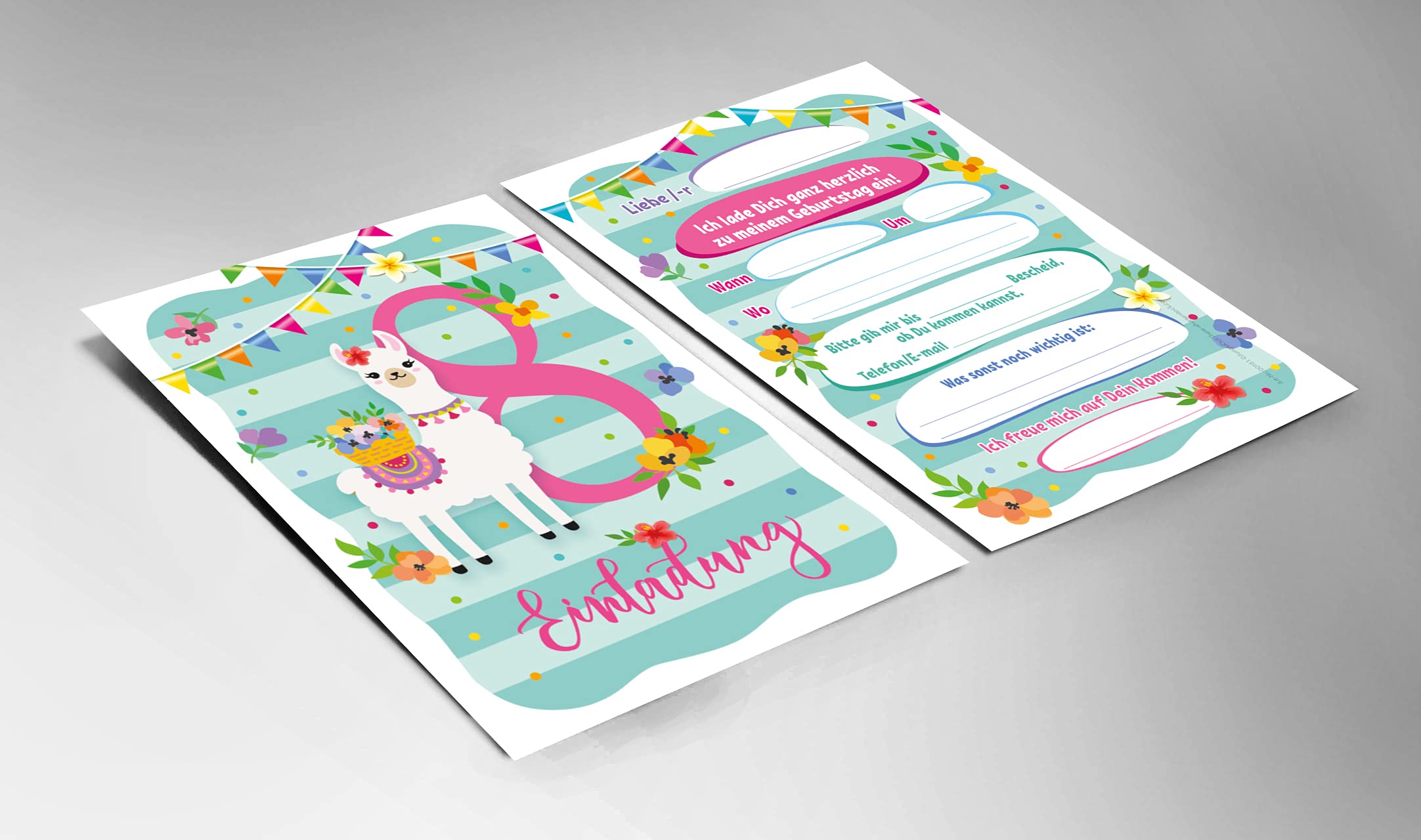 12 Biglietti Invito Per 8° Compleanno Bambina A Tema Lama - Fronte Colorato, Retro Precompilabile, 10,5x14,8 Cm, Vernice UV - 4