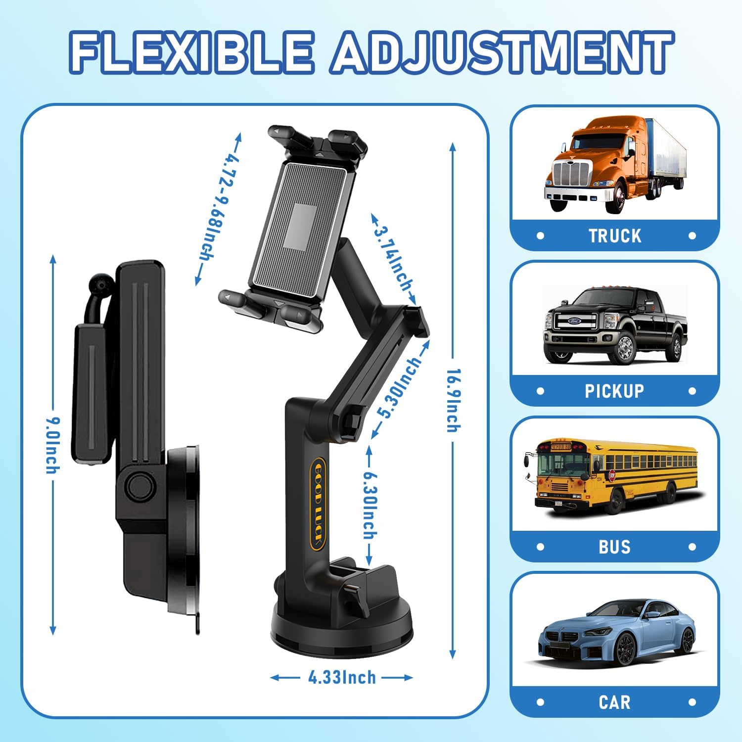 WUITIN Tablet Mount for Truck, Car Phone Holder,Dashboard Windshield Phone Holder 16.9 inch Long Arm,Super Suction Cup Compatible with Pickup Truck,4.7-12.9in Tablet & iPad