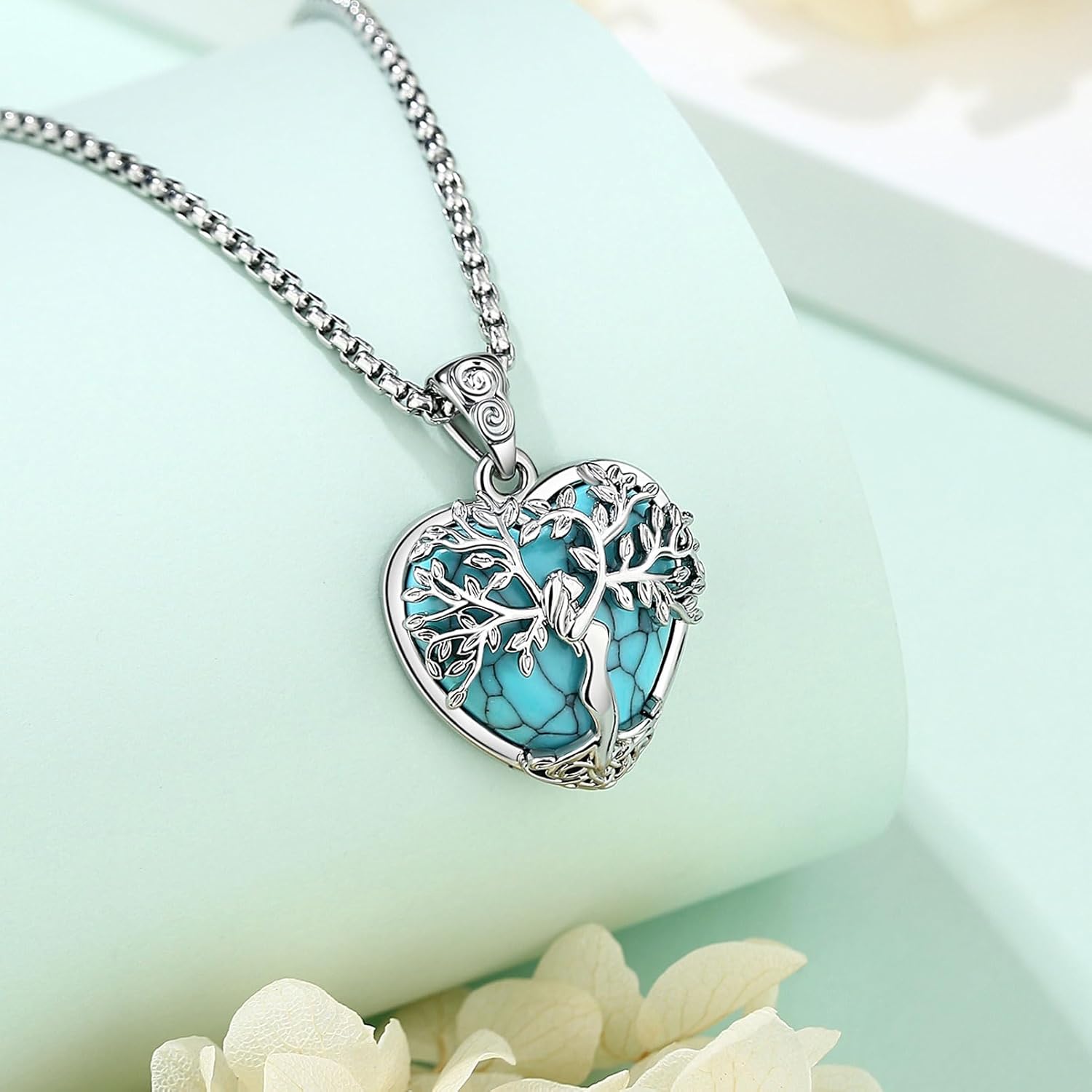 EUDORA Tree of Life Necklace with Moonstone Amethyst Obsidian Turquoise Healing Crystal for Women, Silver Plated Copper Mother Tree of Life Pendant Amulet Energy Jewelry, Gift for Women Mom, 20"+2" - Image 2