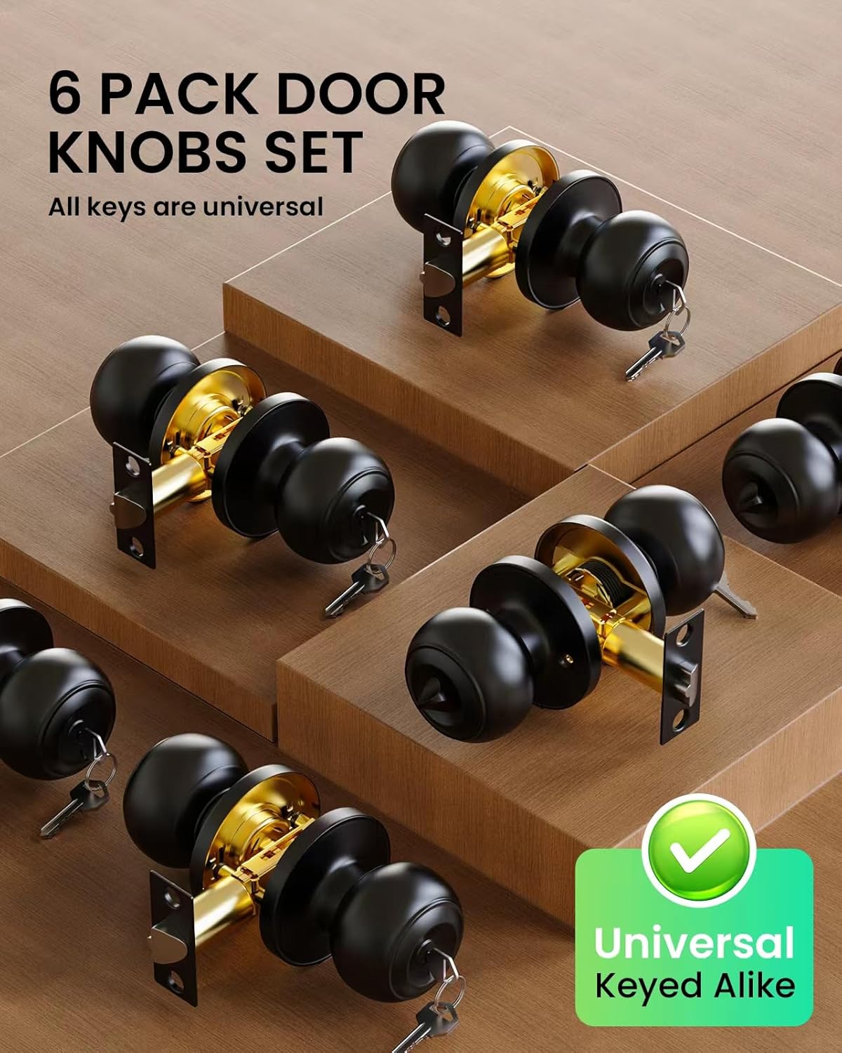 6 Pack Door Knob with Lock, Keyed Same Entry Door Knobs, Interior and Exterior Round Ball Door Lock for Front Bedroom or Bathroom, Door Knobs Matte Black Finish