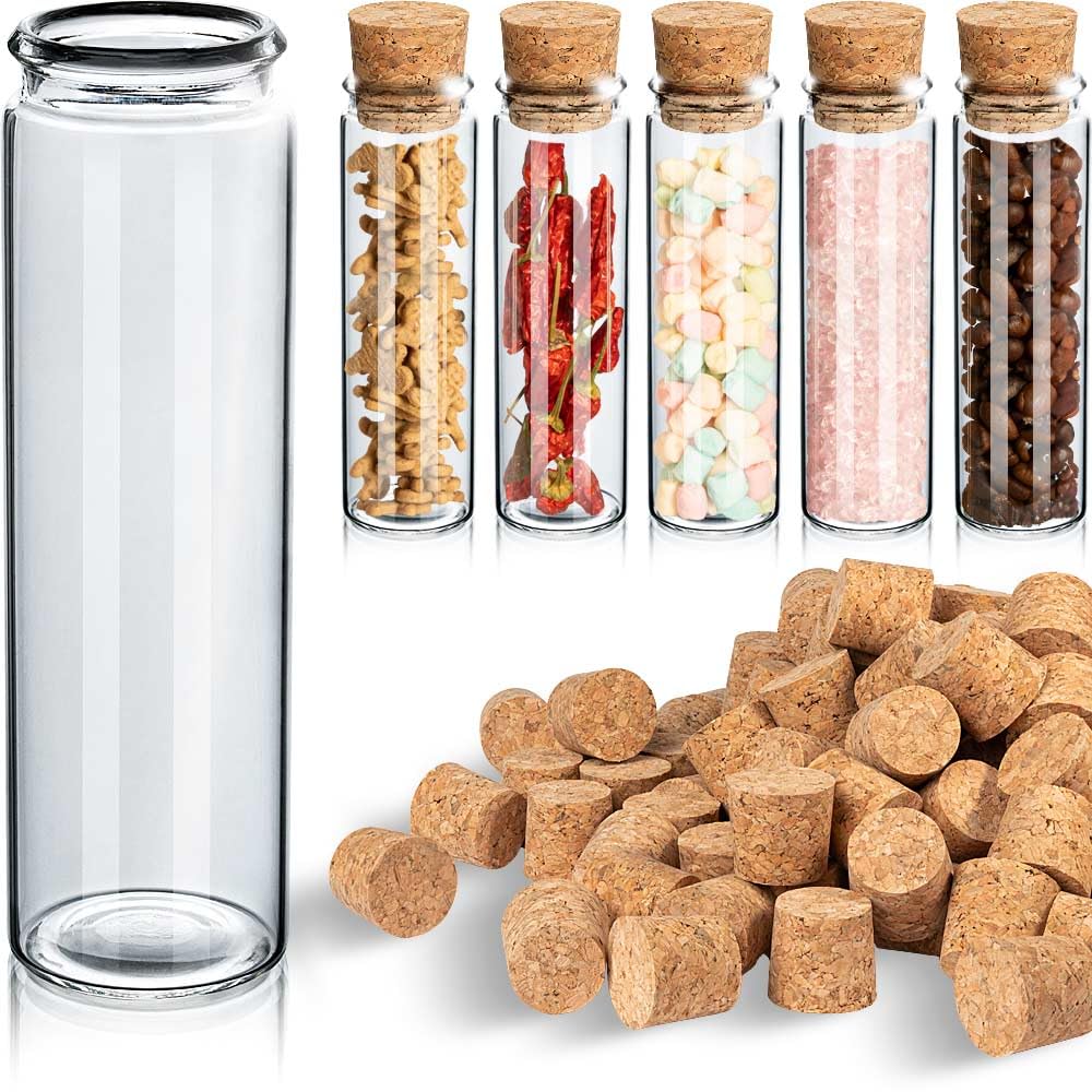 Tuuters 100 Stück Glasröhrchen mit Korken, 75 x Ø 24mm, kleine Glasflasche | 20ml Glas mit Kork Verschluss für Blumensamen, Geschenke, Gastgeschenke, Gewürze zur Hochzeit, Taufe, Kommunion, Reagenzglas