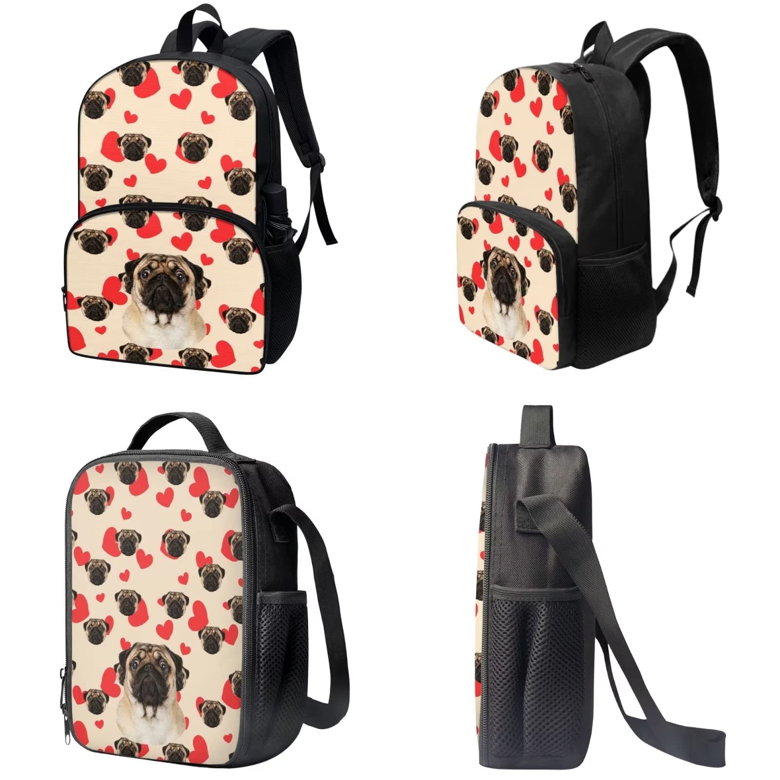 Poceacles Schultasche und Lunchbox-Set für Teenager, Jungen, Grundschule, Büchertasche, Federmäppchen für Grundschulkinder, Mops Hund Herz, Einheitsgröße