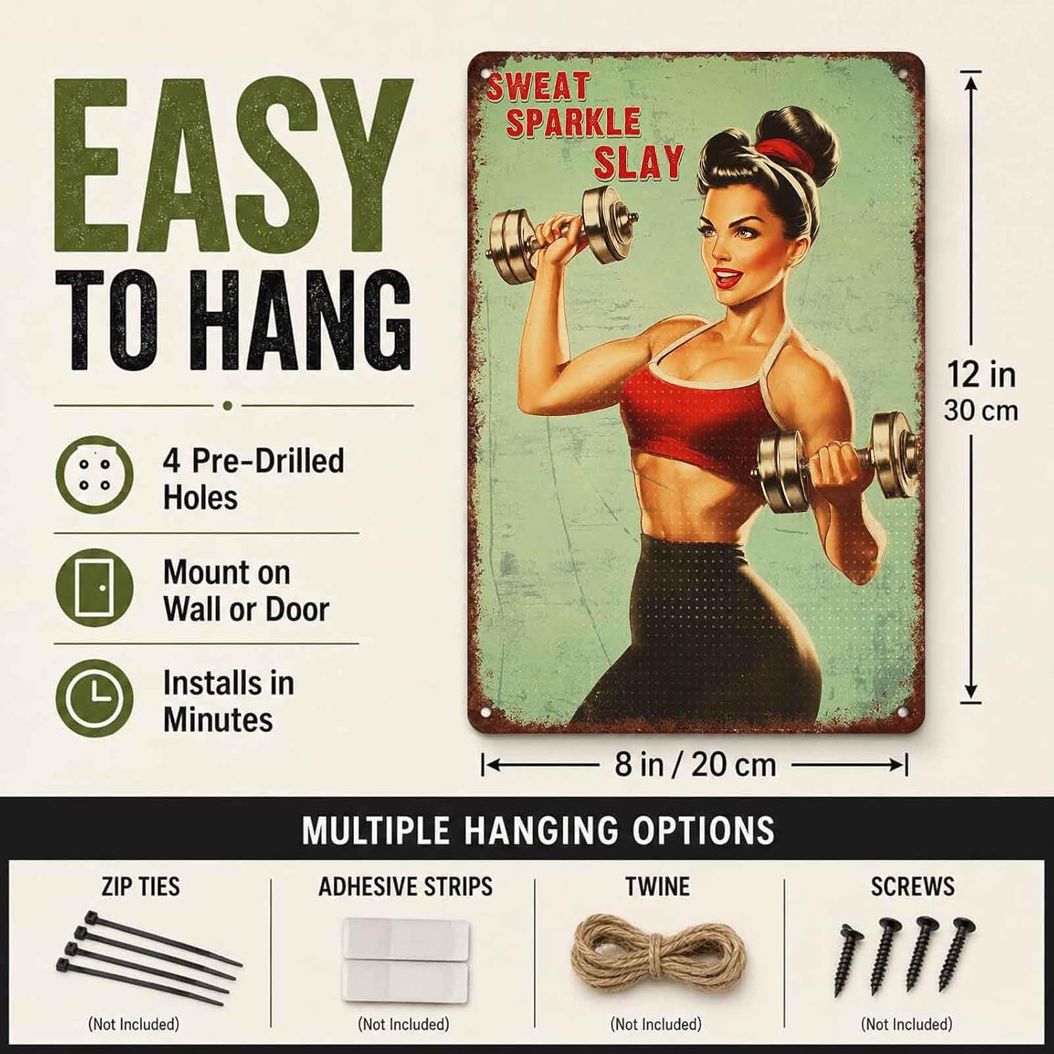 Vintage Pin Up Girl Workout Gym Aluminum Metal Sign 8 X 12 Inch, Retro Fitness Motivational Wall Decor for Home Gym Garage Workout Room, Gift for Female Fitness Lovers image 3