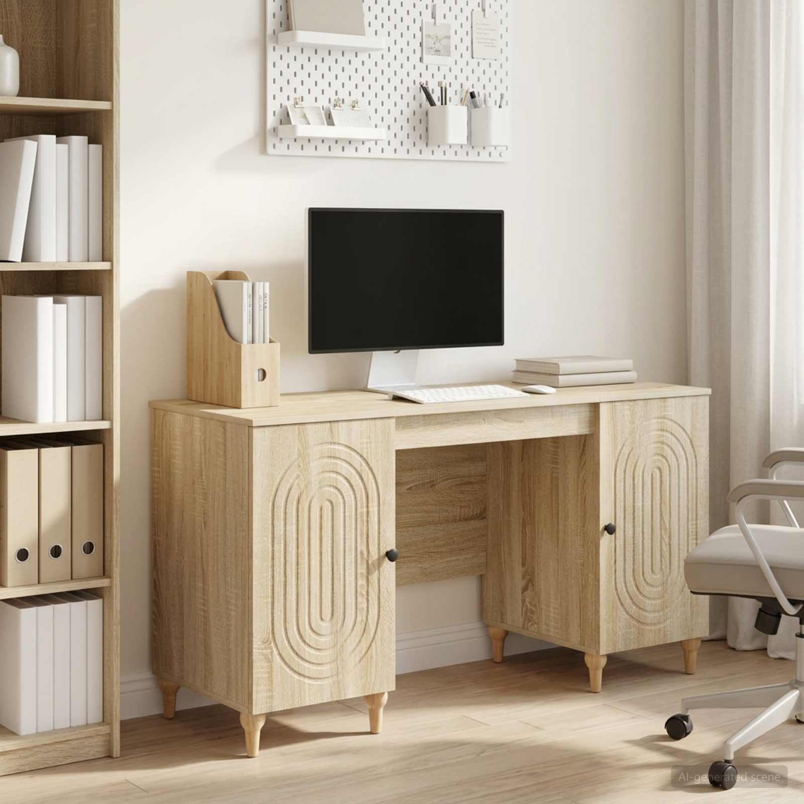 Hothingwell Biurko z półką Drewno konstrukcyjne 142,5 x 50 x 75 cm | Nowoczesny prostokątny design, półki do przechowywania, łatwa konserwacja, idealny do salonu lub biura