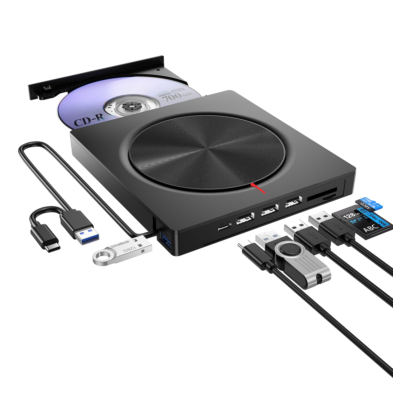 Lettore DVD Unità Esterna USB 3.0&Type C Lettore CD/DVD -/+RW Drive CD ROM per PC Portatile con 3 porte USB-A, USB 3.0, DV e Lettore di Schede TF/SD per Win/MacOS/Linux/Laptop/Desktop/Macbook Air/Pro