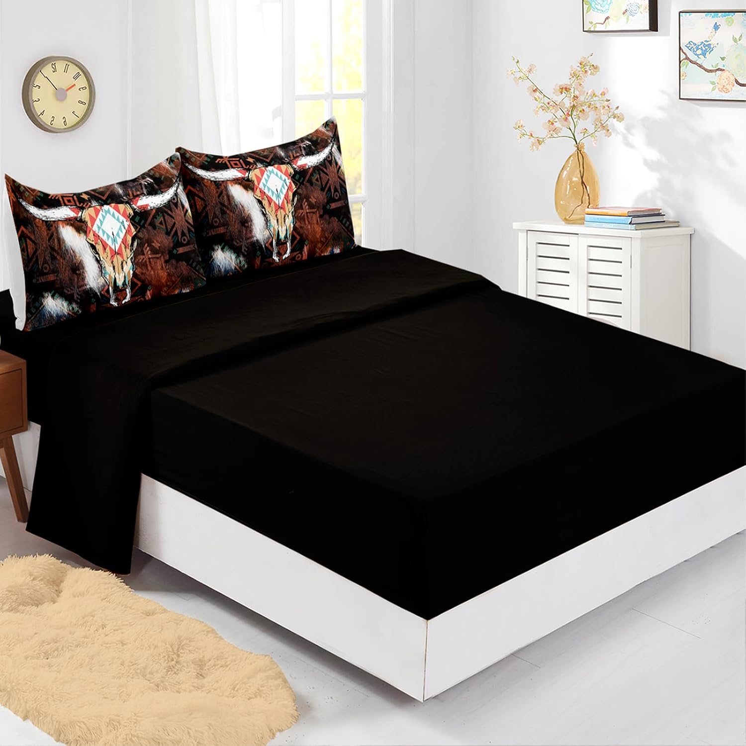 Axolotl Western Cow Comforter Set Twin for Adults,Highland Cattle Skull Bedding Set Boho Quilt 7Pcs Aztec Southwestern Farmhouse Bed Set with 1 Comforter,1 Flat Sheet,1Fitted Sheet,4 Pillowcases