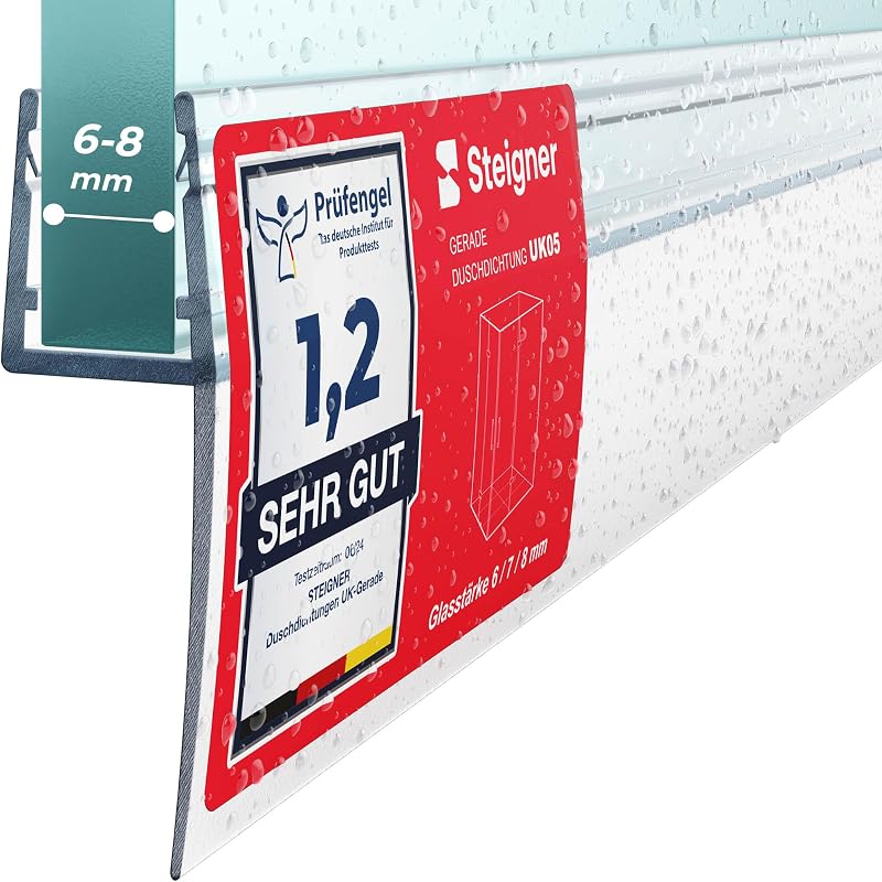 STEIGNER Shower Seal 130 cm UK05 (1 Piece) - Vertical Seal for Corner or Pentagonal Shower with Door 6-8 mm - Colour: Transparent - Perfect Adhesion, Aesthetic Finish, Waterproof