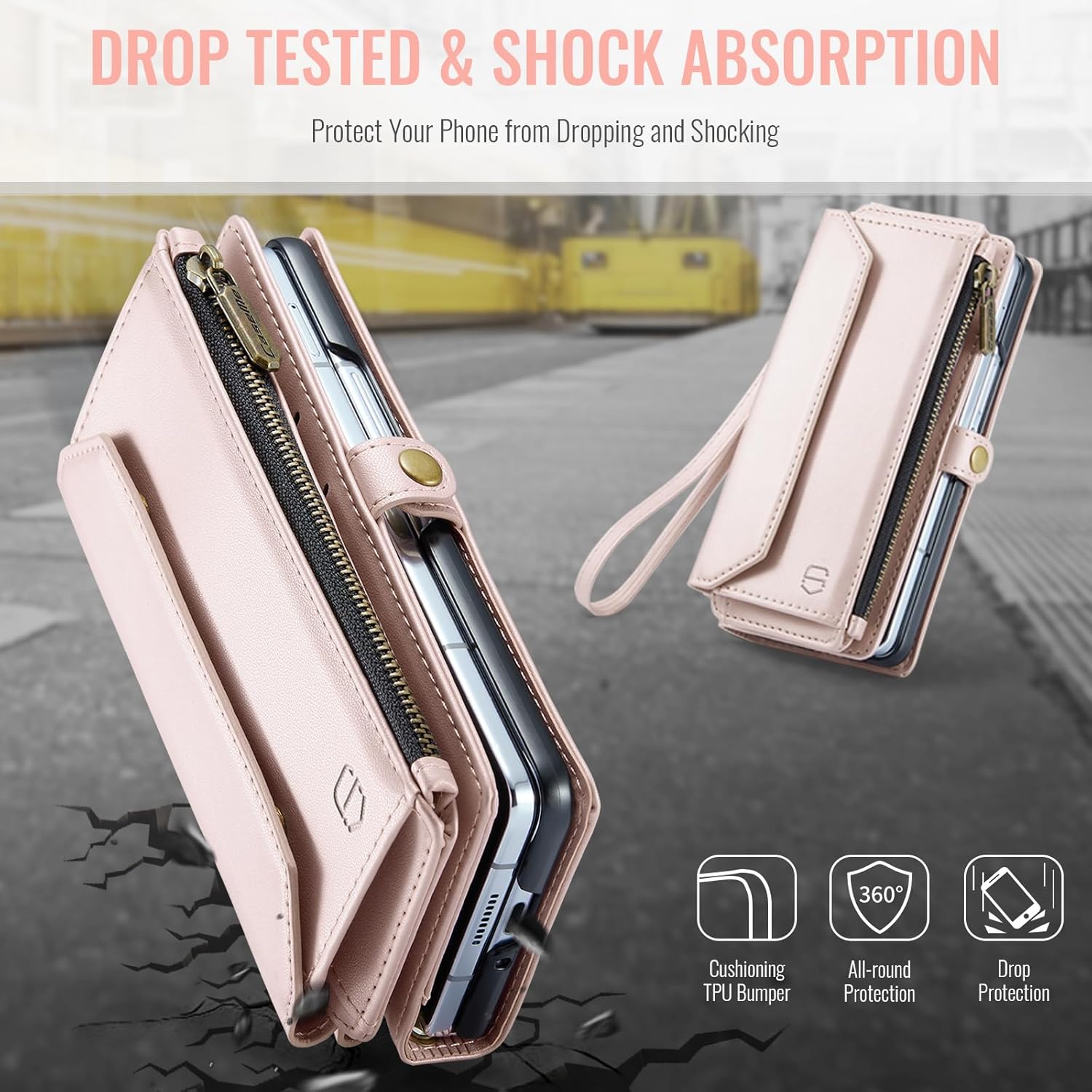 Crossbody Wallet Case Compatible with Samsung Galaxy Z Fold 5 with RFID Blocking Card Holder & Pen Holder Slot Soft PU Leather Shoulder Strap Zipper Pocket Purse Fold 5 Phone Case, Rose Gold