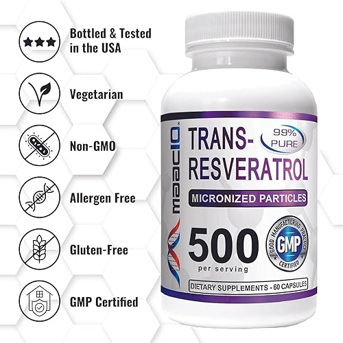 Miniatura 5 de MAAC10 - Trans Resveratrol 500 mg paquete de 3 (grado farmacéutico micronizado 99% puro extracto de trans-resveratrol + BioPerine para una absorción