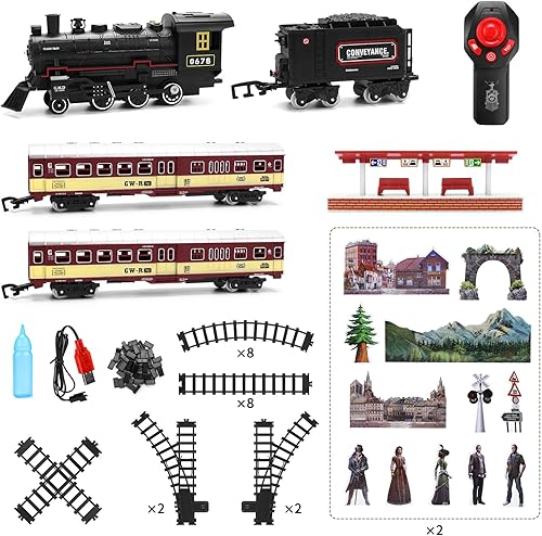 Miniatura 7 de Juego de tren para niños, motor de locomotora de control remoto debajo del árbol de Navidad, modelo eléctrico con carruajes y pistas largas, regalo