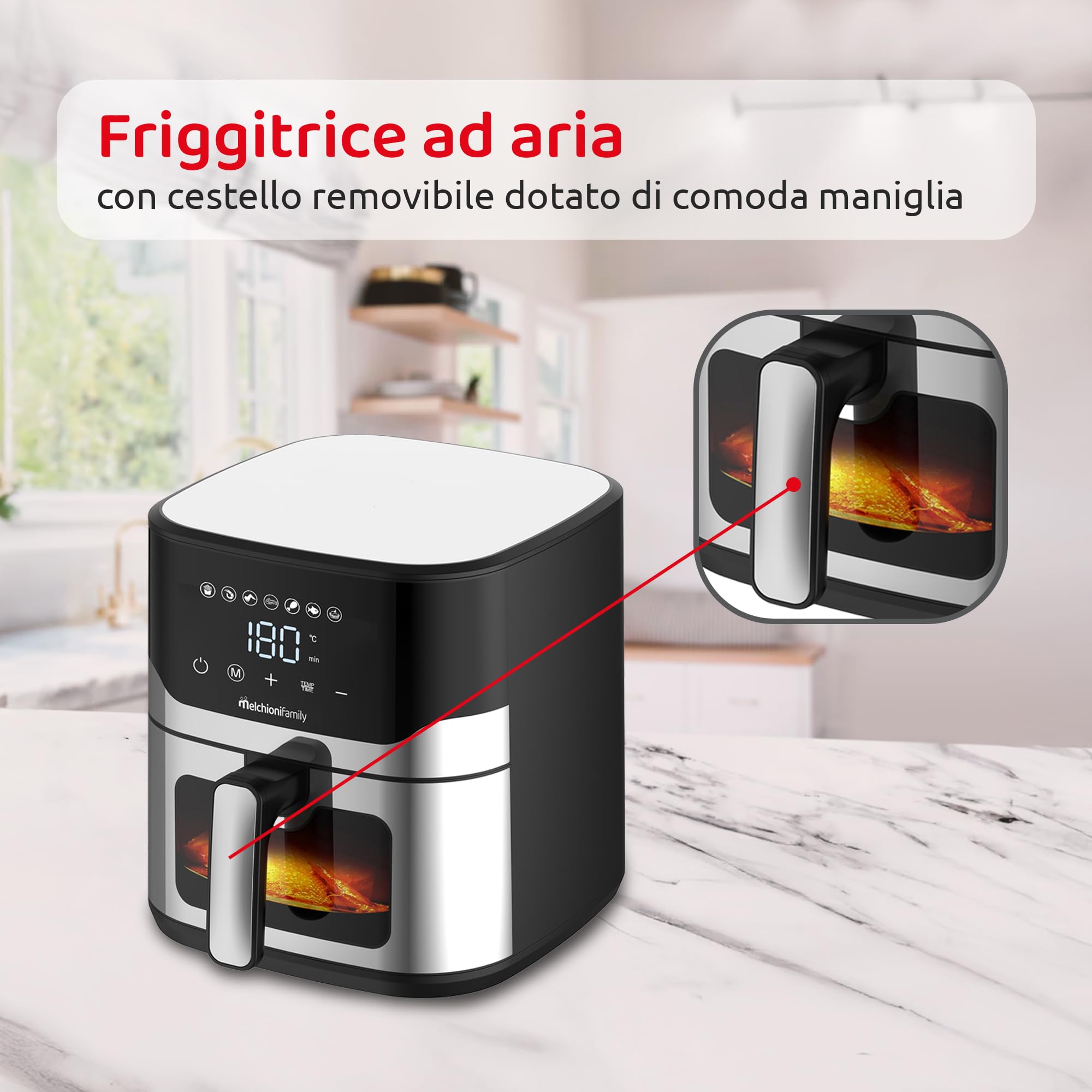 Melchioni Family | MATILDE Friggitrice ad Aria 8L 2200W di Potenza, Cestello Removibile con Maniglia, Griglia Separagrassi, Timer 60 Min, Cottura Light con -80% di Grassi