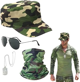 EUPSIIU 4 Pieces Army Camouflage Fancy Dress Set Solider Military Cosplay Costume Pilot Aviators With Hat Camouflage Neck Warmer Sunglasses Dog Tag for Adults Kids Party Dress up Halloween