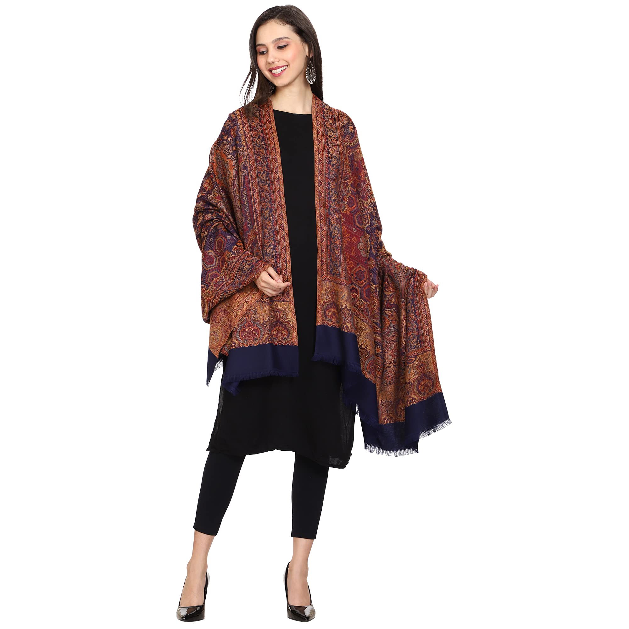 SWI STYLISH Women’s Kashmiri Jamawar Inspired Shawl – Warm Silky Soft Polyester Winter Wrap (100x200 cm) Large Designer Shawl for Ladies (Navy Blue) 1