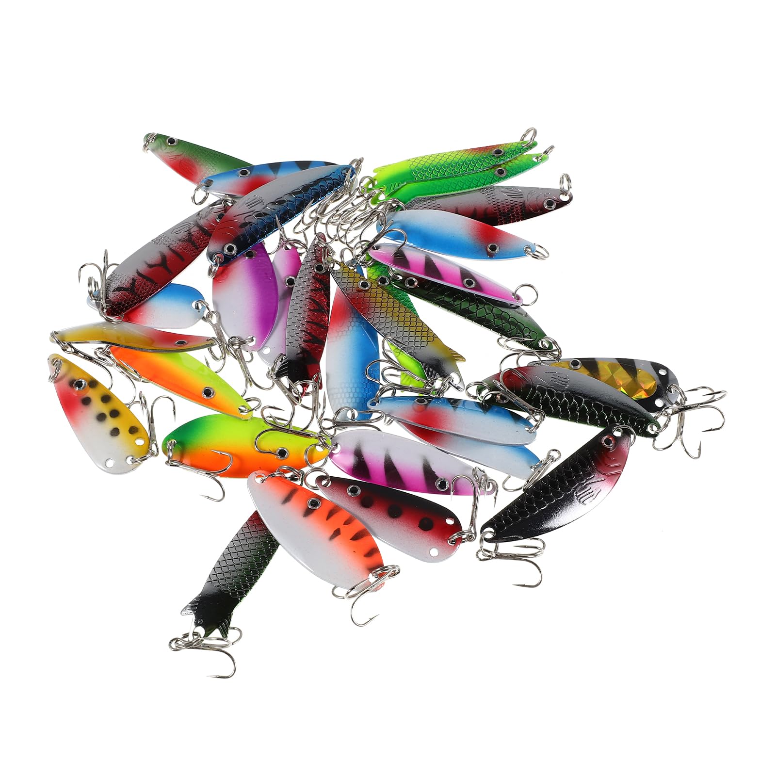 BESTonZON Lot de 30 leurres de pêche : leurres tournants, leurres métalliques avec hameçons triples, leurres colorés pour la pêche à la Truite, pêche à la traîne et Lancer.
