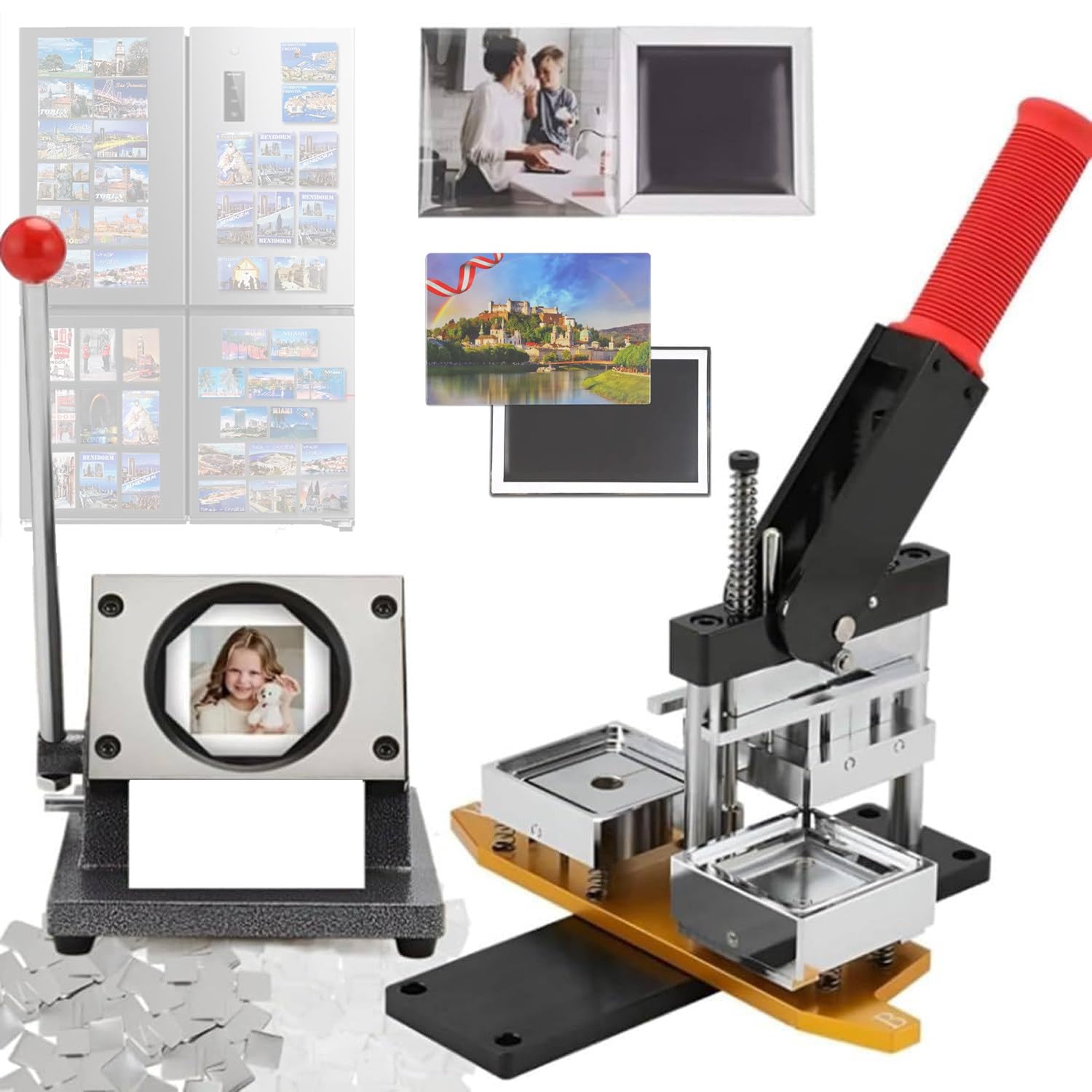 MYUYEE Badge Maker Machine,2.1 * 3.2In Fridge Magnet Maker Machine, Pin Maker Machine Kit, 53 * 80Mm Diy Photo Magnet Making Machine+Paper Cutter+1000 Pcs Materials,Maker+Knife+
