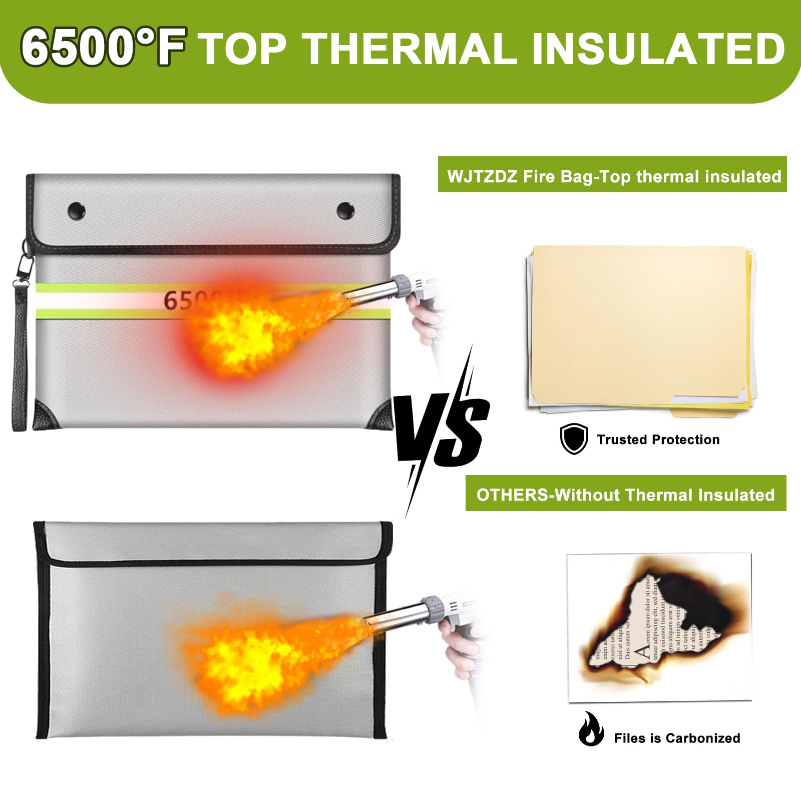 6500°F Upgraded Fireproof Money Bag,10 Layers of Heat Insulated Materials,Fire Proof Box with Waterproof Zipper/Reflective Strip,Document Bag with Handle for Cash,Important Documents - Image 4