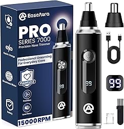 EaseAura® Tondeuse Nez Oreilles Homme & Femme, Rasoir Nezs Rechargeable, Coupe Poils Nez et Oreilles, Tondeuse Poil de Nez Tête Arrondie, Épilateur Nez Précision, LED Display, IPX7