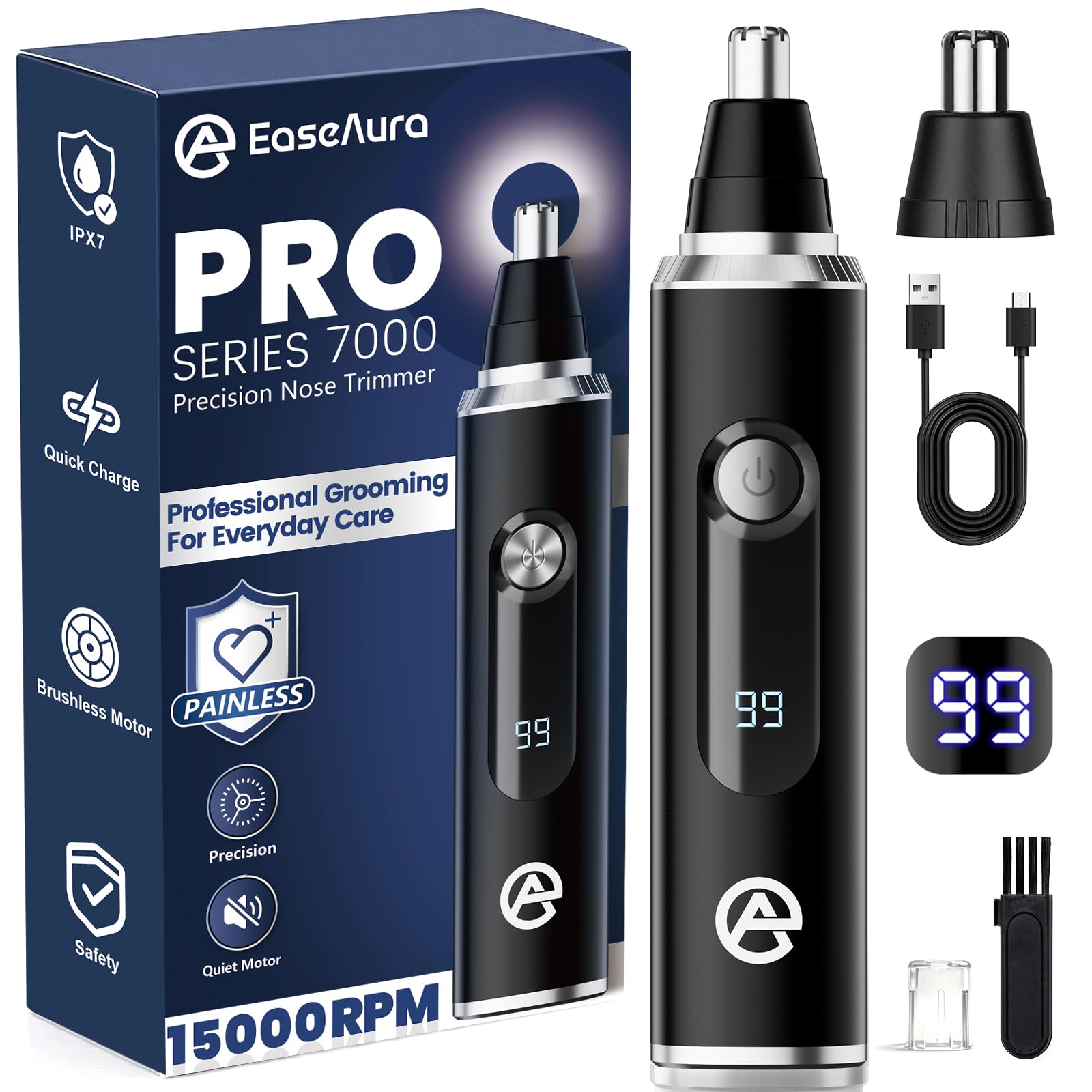 EaseAura® Tondeuse Nez Oreilles Homme & Femme, Rasoir Nezs Rechargeable, Coupe Poils Nez et Oreilles, Tondeuse Poil de Nez Tête Arrondie, Épilateur Nez Précision, LED Display, IPX7 - 1