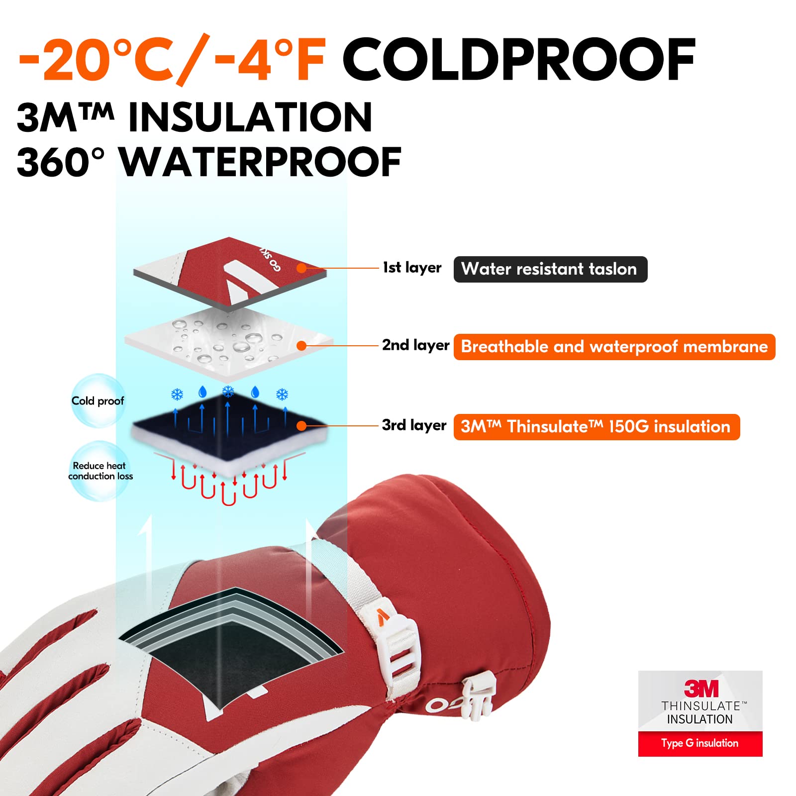 Vgo 1 para rękawic narciarskich ze skóry bydlęcej, rękawiczki śniegowe, wodoodporne rękawice outdoorowe, 3M Thinsulate (CA2476FLWP)