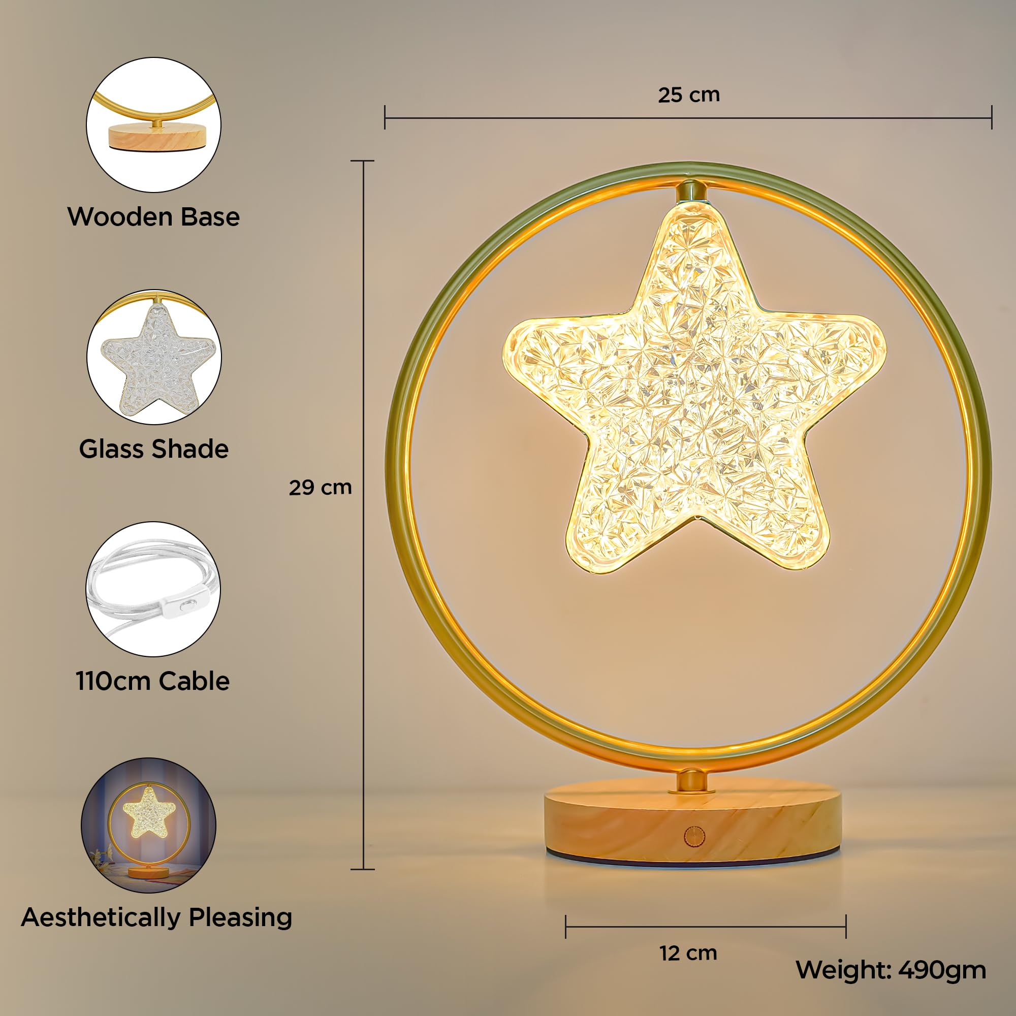 Kuber Industries Dimmable Bedroom Lamp for Side Table | Office & Desk Table Lamp for Living Room and Home with Acrylic Shade, Metal & Wooden Base | Natural Wooden Brown-Star-WH-T0013-1 2