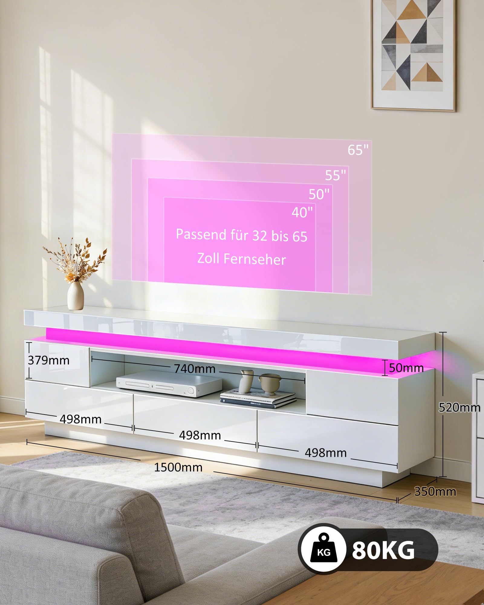 LED-TV-Schrank 160cm Moderner Hochglanz-TV-Schrank mit 3 Schubladen, Sideboard für Schlafzimmer, Wohnzimmer, Wohnmöbel (Weiß)