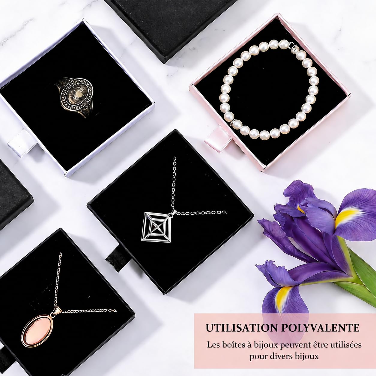 Lot de 24 Écrins Cadeaux pour Bijoux, 8 x 8 x 1,7 cm, avec Mousse