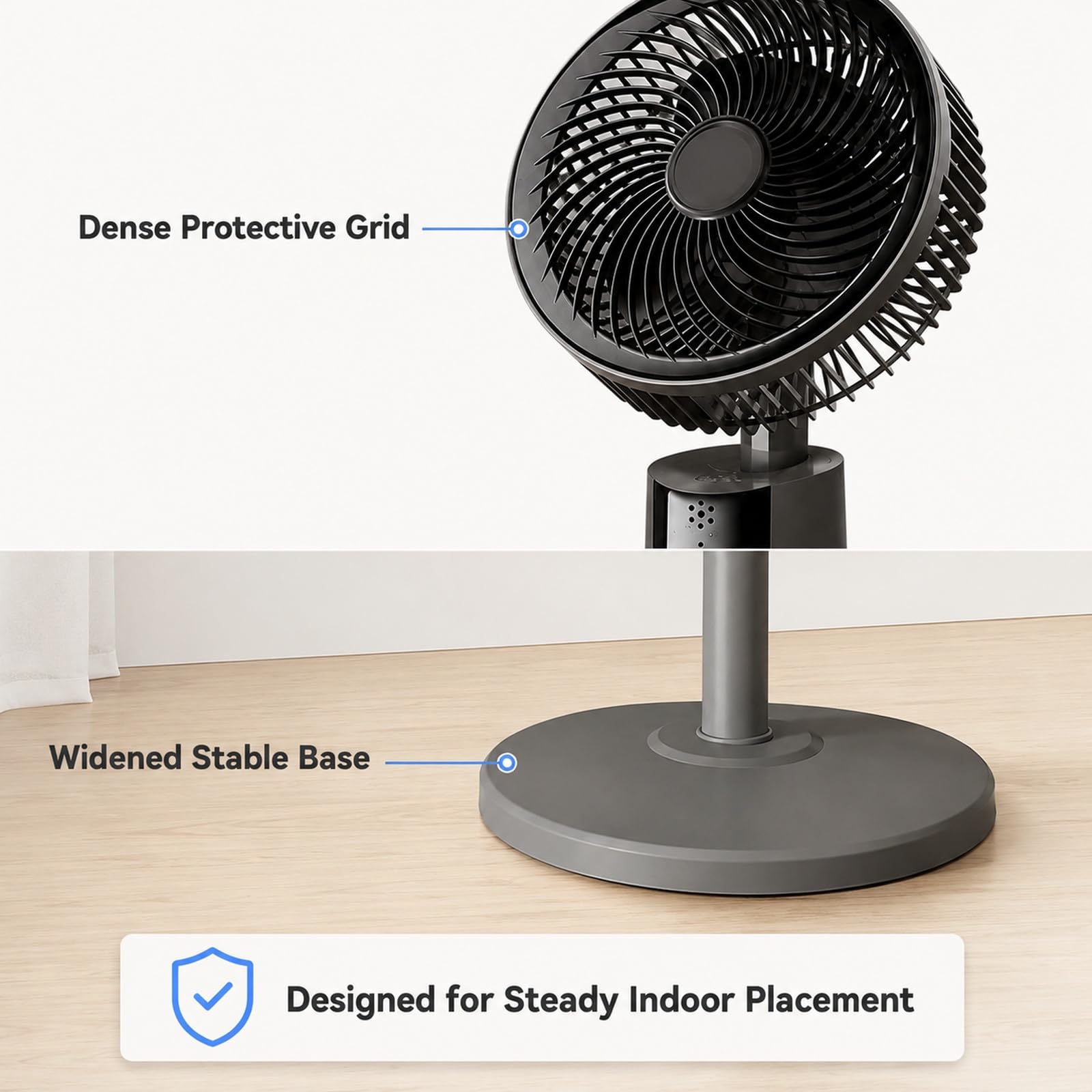 Ventilatore da terra da 30 dB per camera da letto, ventilatore USB da pavimento, 80 cm, 3 modalità, flusso d'aria 5 m, griglia protettiva e base a punta, per ufficio, dormitorio, camera da