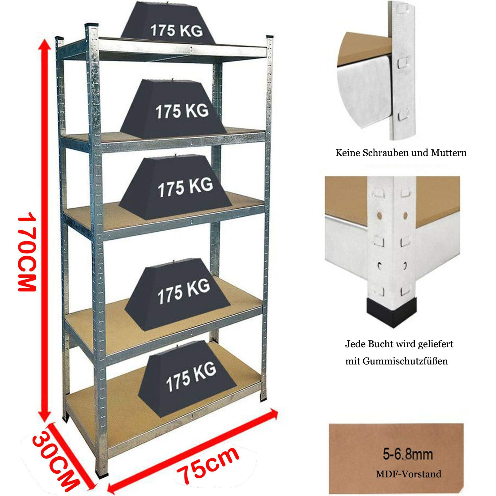 Étagère de rangement robuste en métal galvanisé - Charge maximale : 875 kg - 5 étagères solides en MDF - Hauteur réglable - 180 x 90 x 40 cm