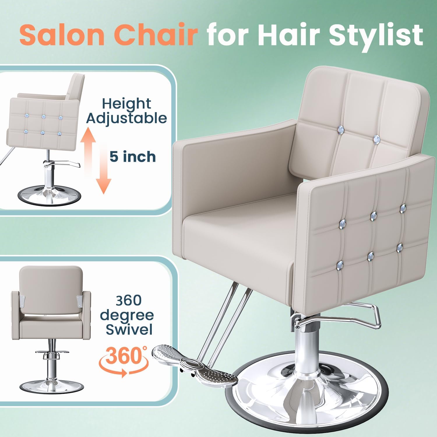 Gray Salon Chair for Hair Stylist, Barber Hair Salon Styling Chair, Stylist Chairs with Hydraulic Pump, 360 Degrees Swivel, High-Density Foam & PU Leather for Beauty Braiding Chairs