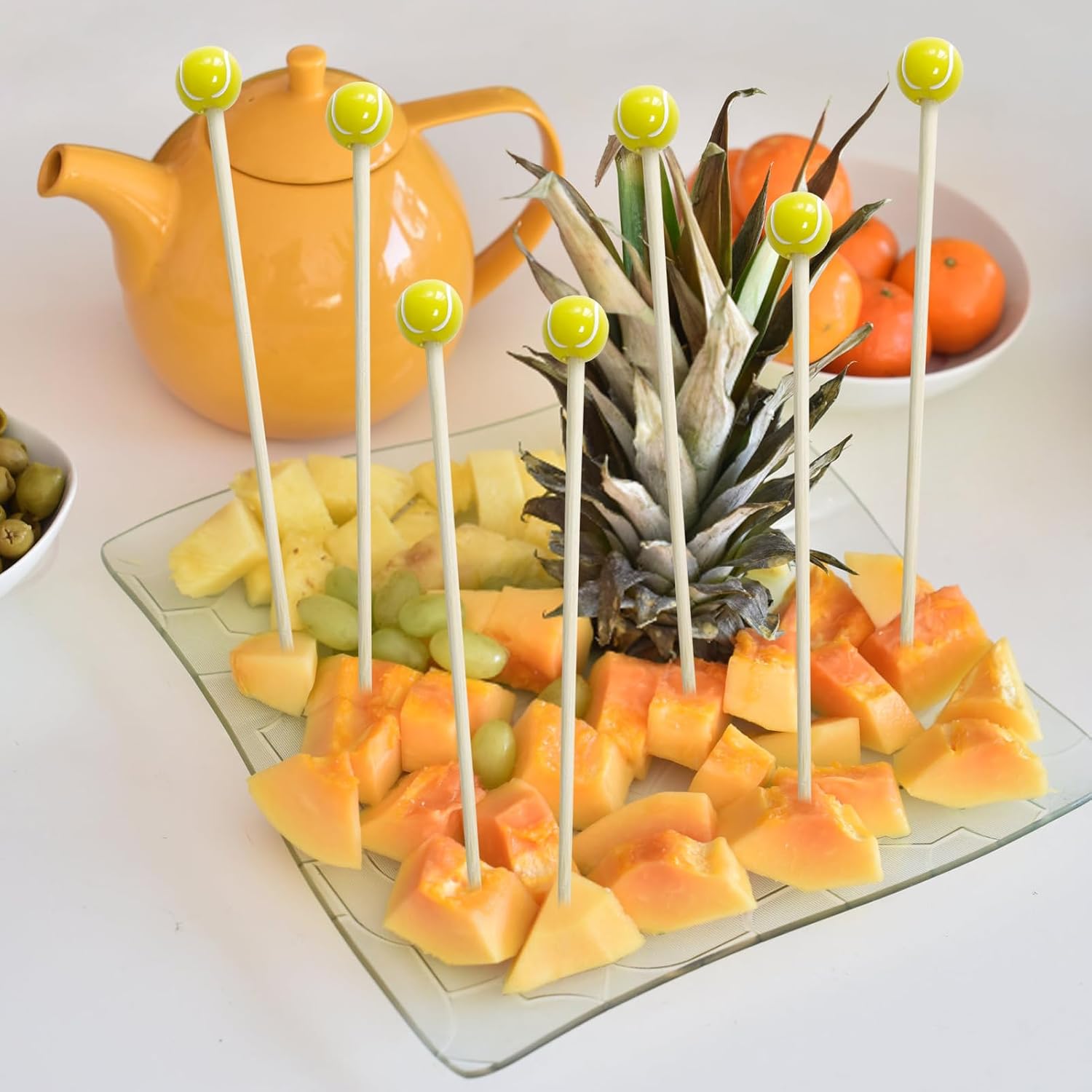 200Pcs Tennis Cocktail Picks,4.7 inch Tennis Decorative Sports Ball End Cocktail Skewers Fruit Toothpicks Wooden Decorative Cocktail Picks for Appertizes Fruit Food Tennis Theme Sport Party favors