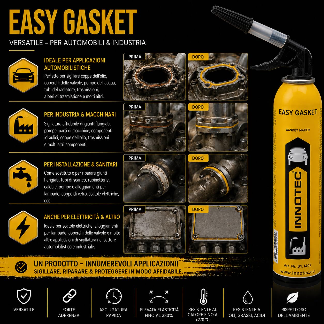 Innotec Sigillante motore Easy Gasket – Sigillante, guarnizione testa cilindrica, guarnizione per vasca d'olio, nero ad alta temperatura, guarnizione liquida – ingranaggi motore guarnizione coppa olio