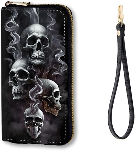 RFID Blocking Zip Around Wallet for Women with Detachable Strap | Large Capacity Leather Card Holder & Travel Wristlet Purse,Unique Skull