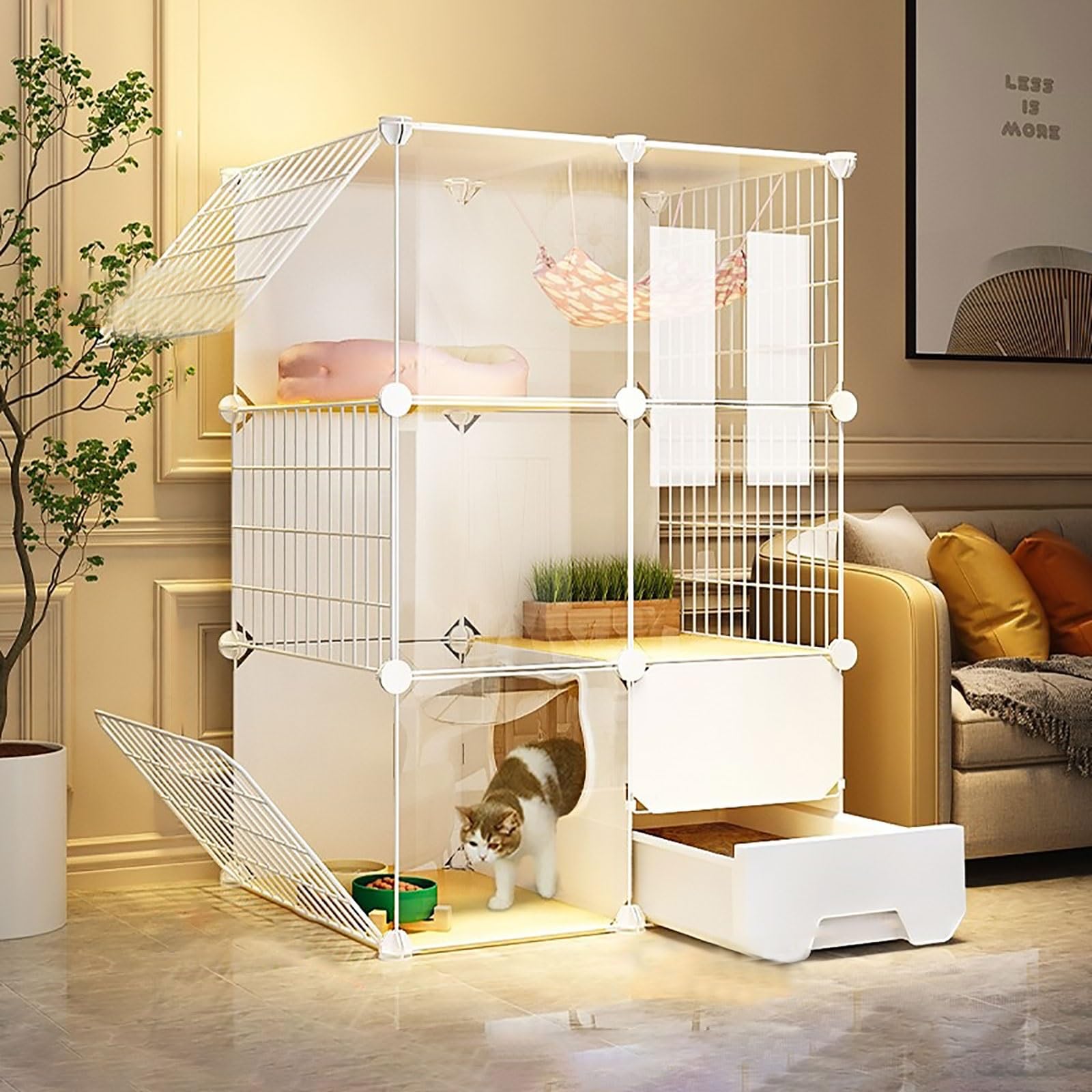 asdchZen Indoor Cat Cage Playpen,Semi-Enclosed Detachable Cat Crate Cat Enclosure Small Animal Cage With Ladder/Litter Box/Cat Nest/Cat Bowl,Large Exercise Place,Without Wheels-72x37x107cm