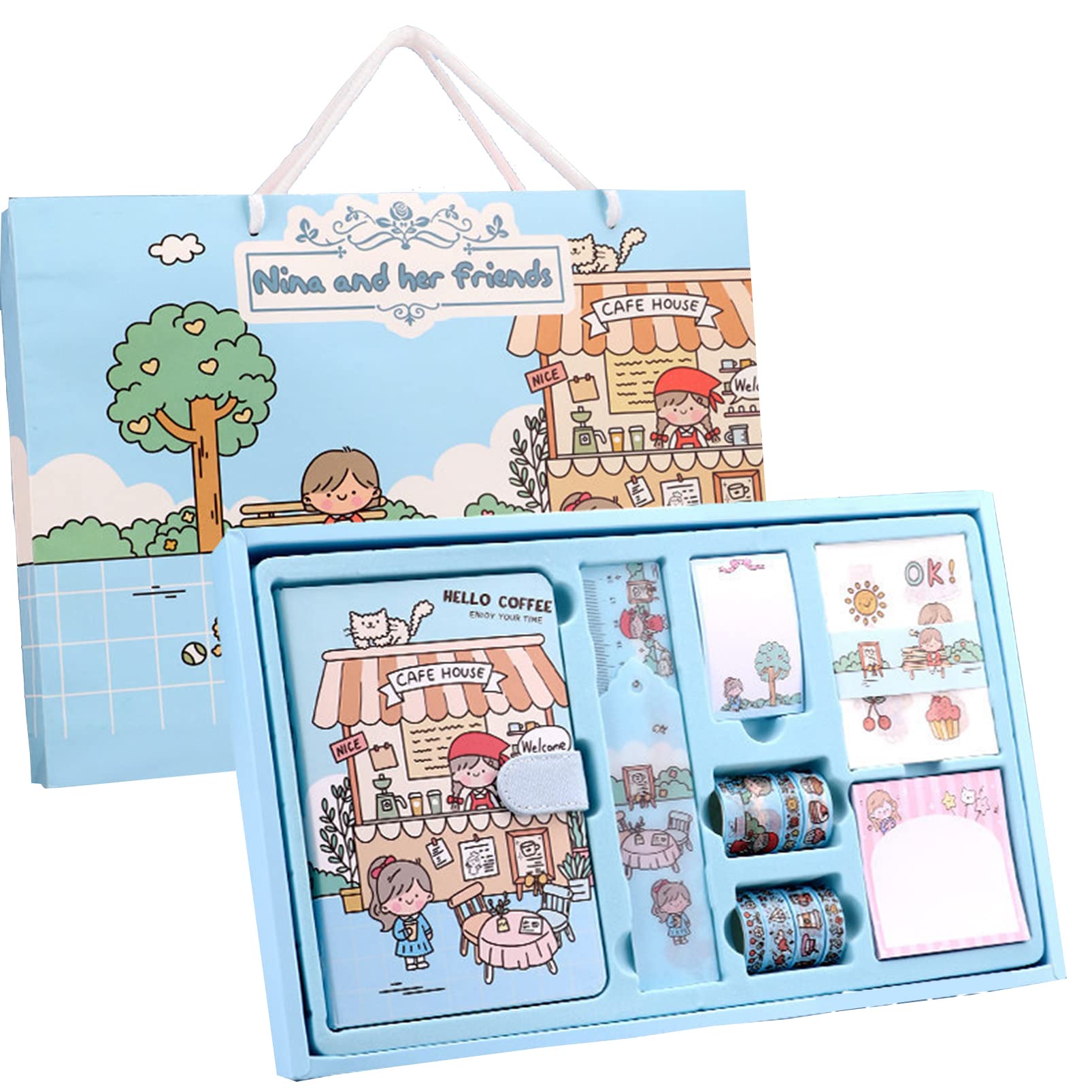 NP Notebook Scrapbooking Supplies Grid Diy Artist Journaling Set Decorate Diary Cute Stationary for Journaling & Paper Crafts Personalize Decorate Scrapbook with Tape Sticker Gift for Teen Girl Kid