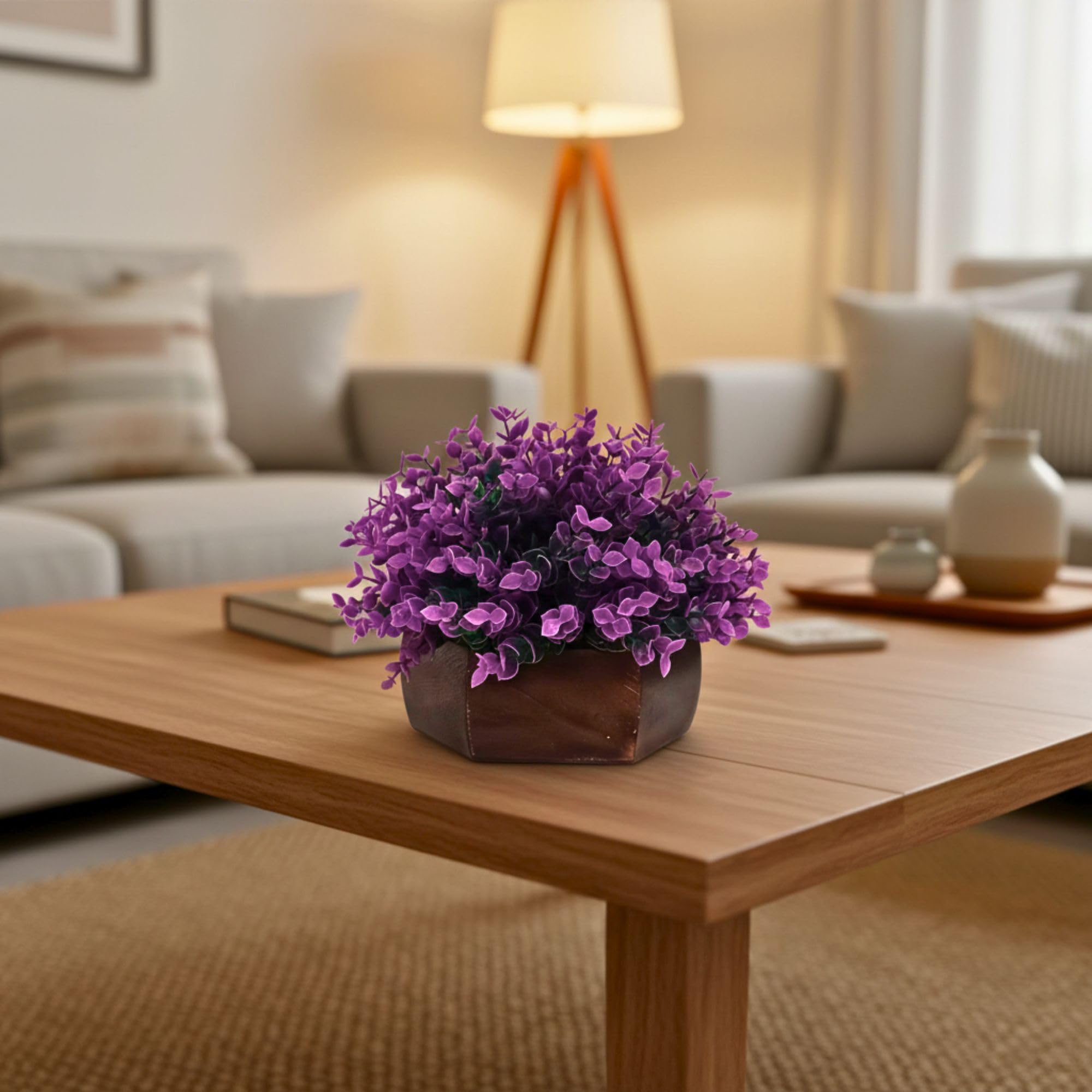 fancymart Artificial Hackleberry Purple Plant in Wooden Hexagon Pot, 15 cm Height – Stylish Tabletop Decoration for Living Room, Office Desk, Shelf Display, Elegant Mini Potted Accent (Pack of 1) 4