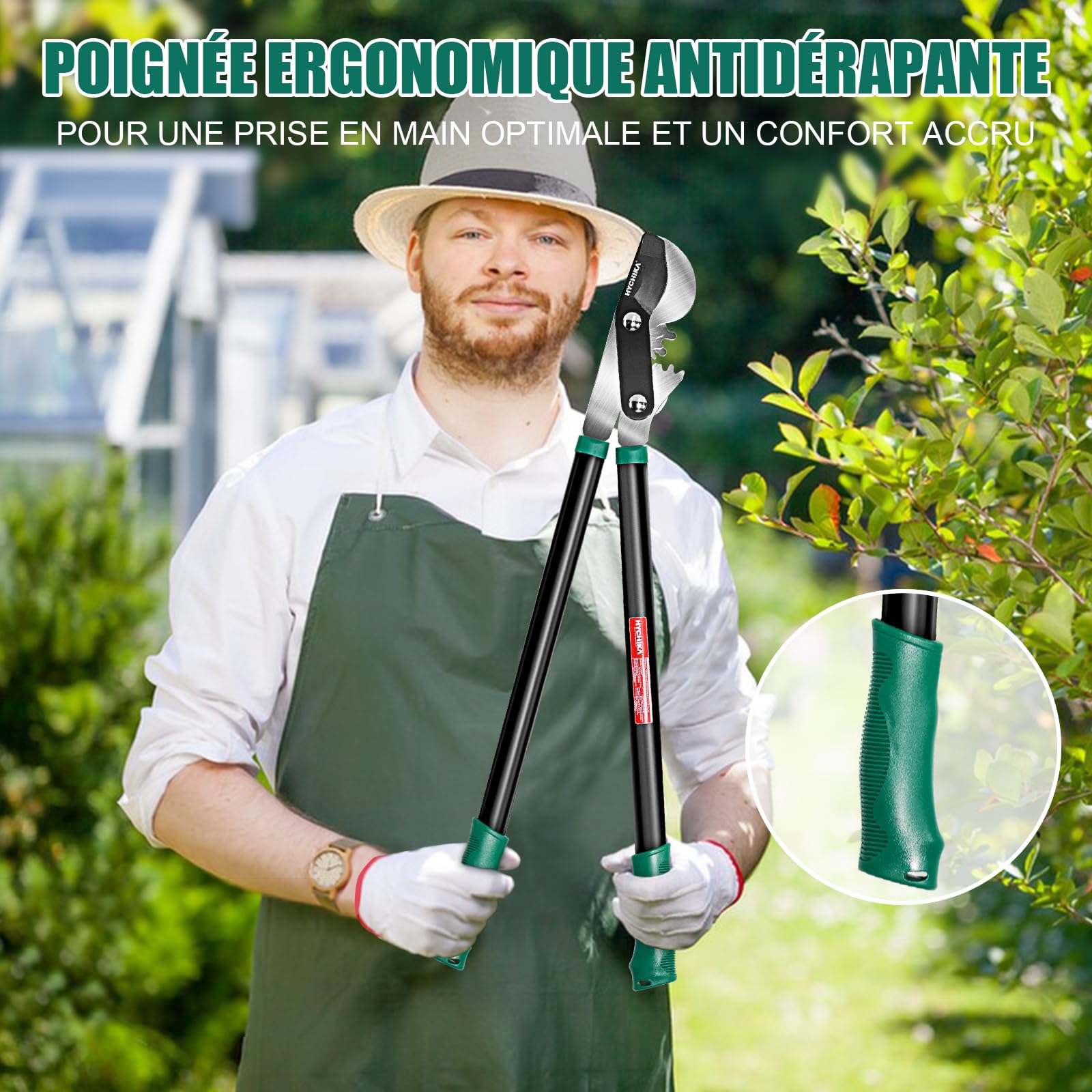 HYCHIKA Ébrancheur télescopique pour bois frais Coupe Branche 74CM, Sécateur Long Manche, Taille Branche, Cisaille de Jardin, Diamètre Cuts Ø50 mm max., Lames en Acier Trempé