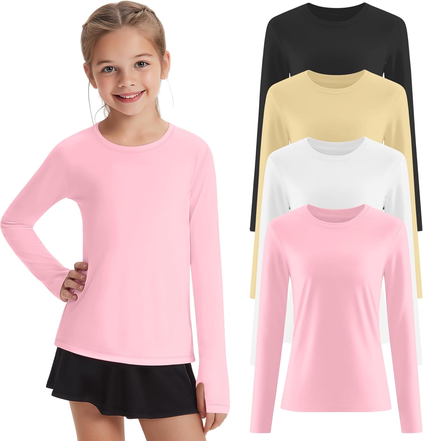 LessonZoo 4 Pack Girl's Long Sleeve Athletic Shirts with Thumb Holes, 5-14 Years Kids Quick Dry Crew Neck Teens Gym Yoga Tops
