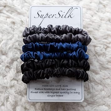 SuperSilk 100% Mulberry silk hair scrunchies/hair ties/healthy hair (Black/Blue/Grey)