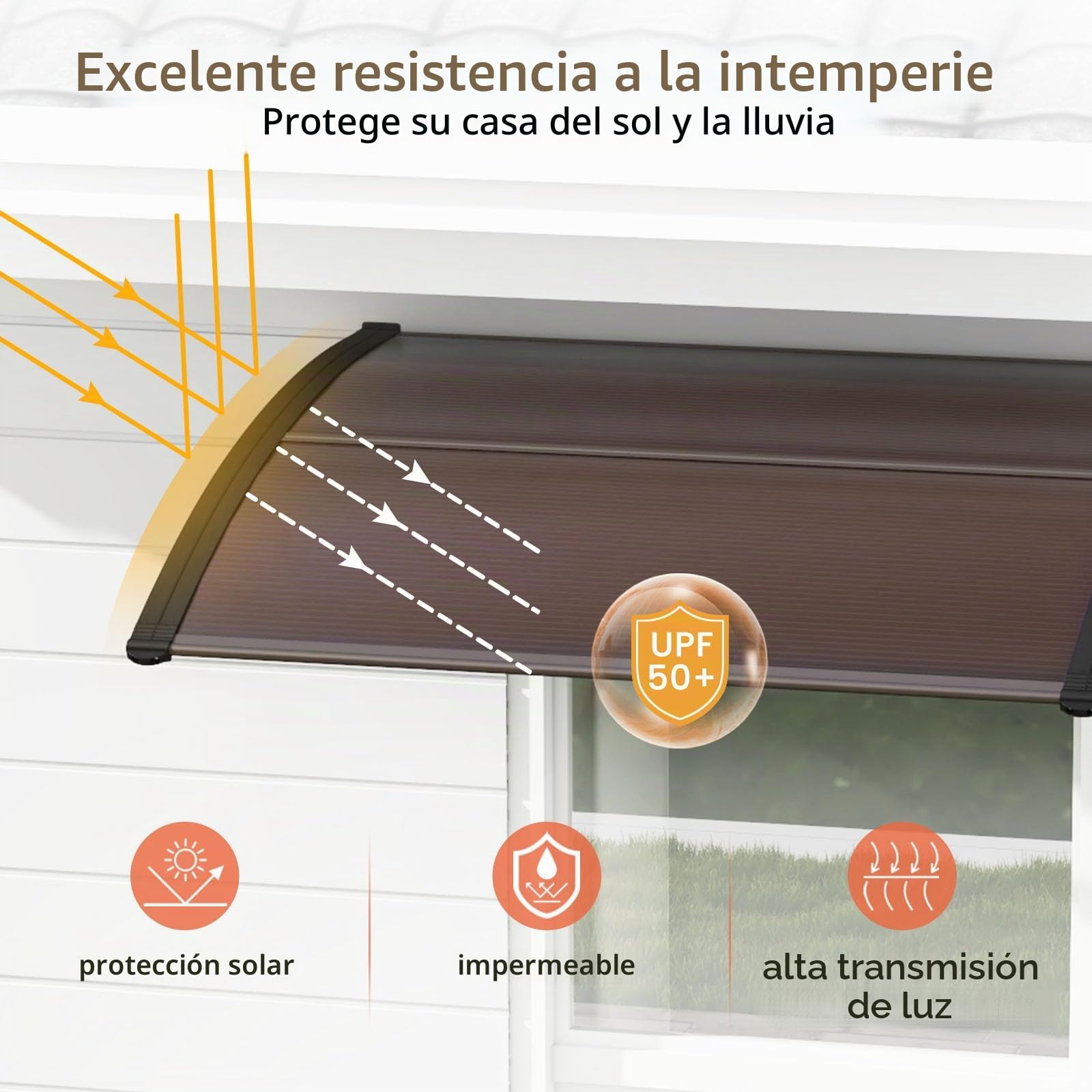 RELAX4LIFE Marquesina Puerta Exterior 122x99cm, Marquesina Policarbonato de ABS+PVC con Marco Aluminio, Toldo para Protección contra Sol, Lluvia y Viento, Toldo para Hogar, Tiendas, Cafeterías (Café)