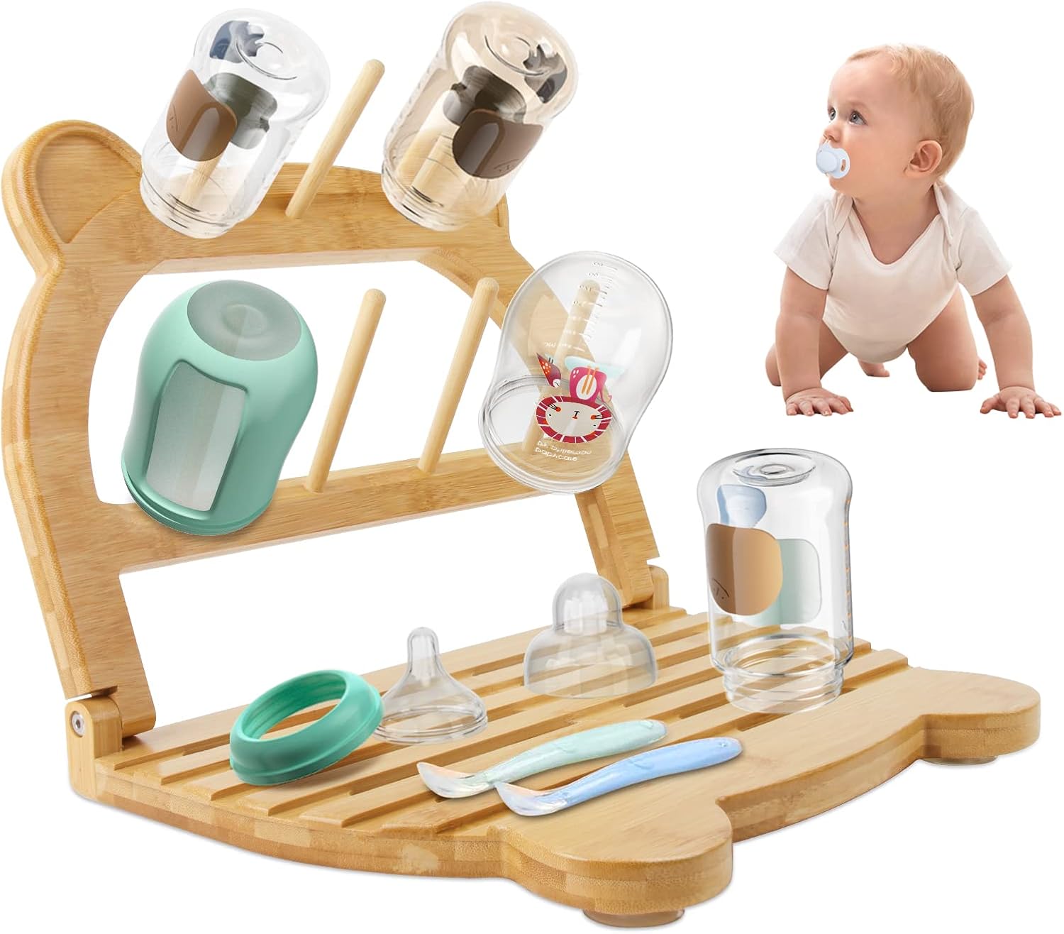 Baby Bottle Drying Rack Bamboo, Foldable High Capacity