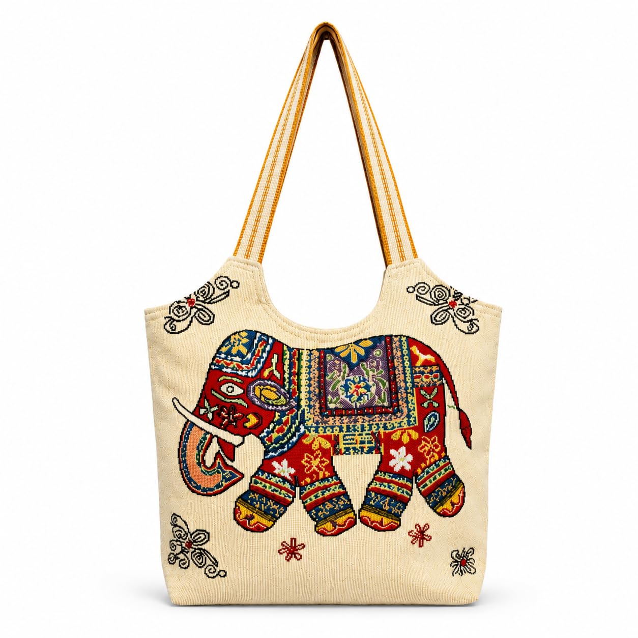 Elephant Embroidered Canvas Tote Bag for Women | Round Handle Hand & Shoulder Bag | Spacious Reusable Tote for Office, Travel, College & Shopping-image-15