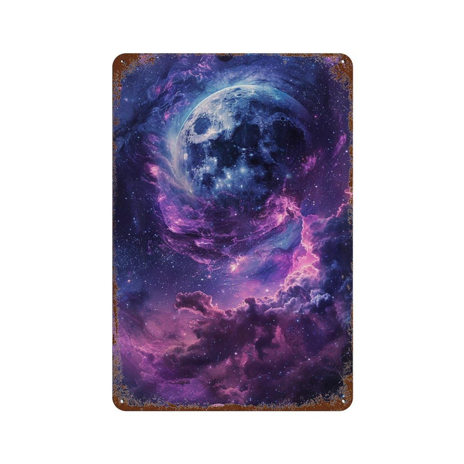 Decorative Tin Sign with Cosmic Moonlit Sky Design 11.8"x7.9", for Basement, Hobby Room And Garage Decor, Rustic Home Decor