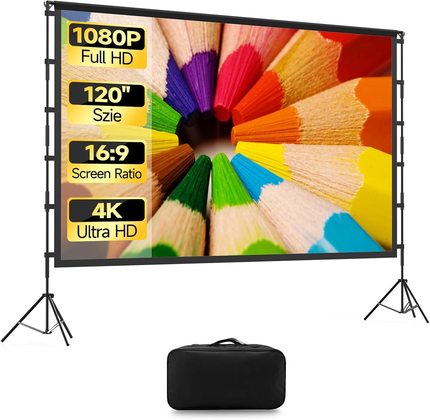 Projector Screen Outdoor, 120 inch Projection Screen with Stand, Foldable Anti-Crease Movie Portable Projector Screen with Carrying Bag, for Home Theater, Office, Classroom, Party, Games