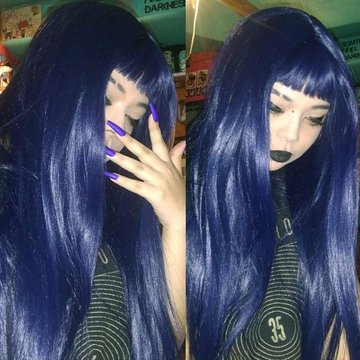 Synthetic Replacement Hair Wig With Bangs Blue Color Heat Resistant No Lace Wigs for Fashion Women