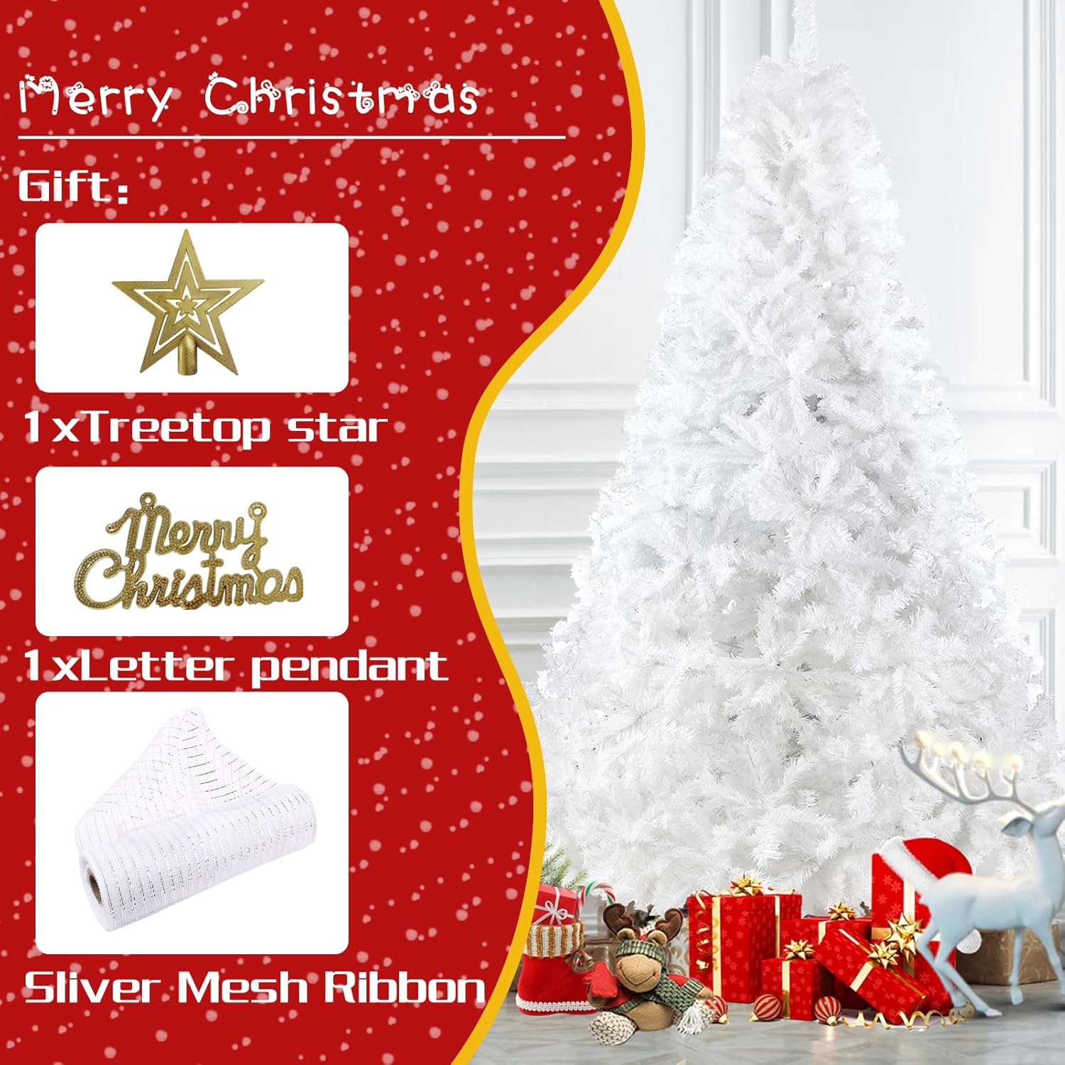 BDL 6FT White Christmas Tree Premium Hinged Artificial Pine Tree with Solid Metal Stand and Decorations,800Tips