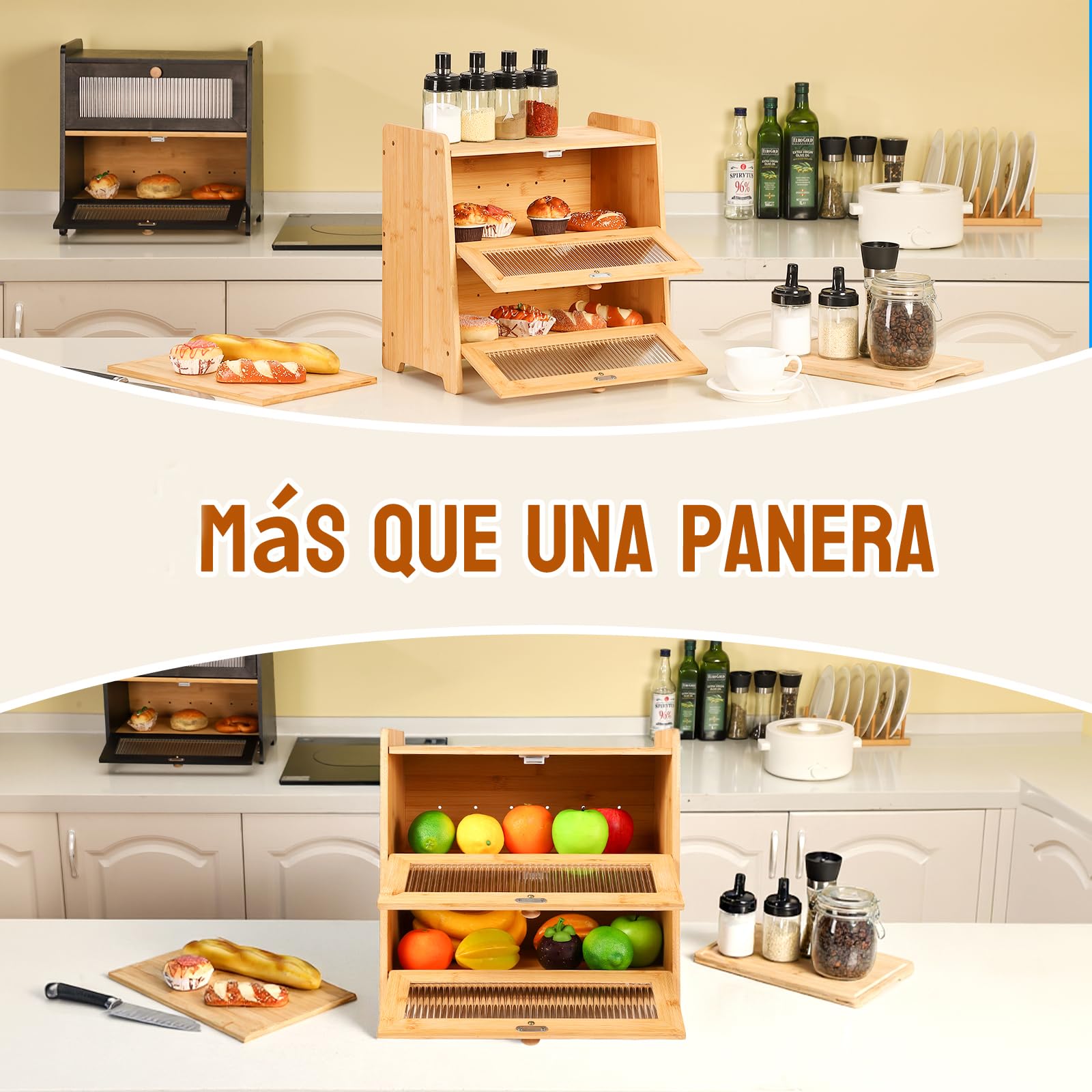 HAUSPROFI Panera de bambú de 2 niveles, panera de madera con tabla de cortar, ventilación ondulada, ventana visible, elegante caja de pan de cocina para guardar pan, 40 x 25 x 40 cm, grande