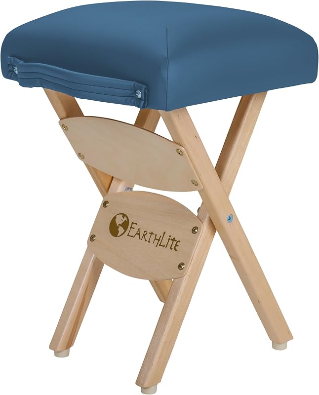 EARTHLITE Taburete plegable de madera – Madera de arce, sin CFC, mesa de masaje, silla de salón facial, spa médico, azul místico, 19 pulgadas